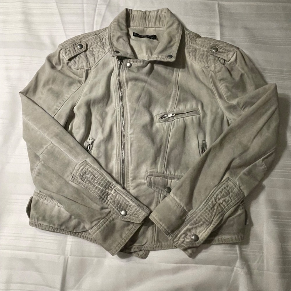 Zara Woman Canvas Moto Biker Jacket Khaki Gray Beige Full Zip Womens Size L